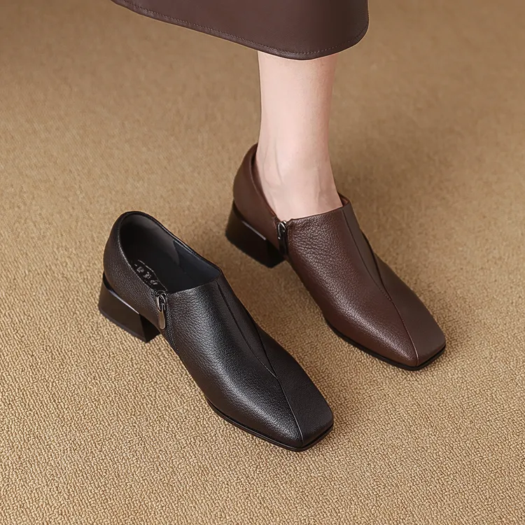 2025春季新款深口女单鞋低跟休闲复古通勤方头软羊皮女鞋1821-10
