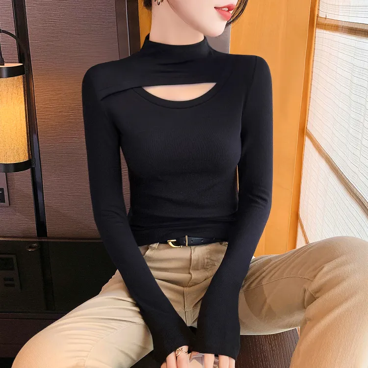 镂空螺纹长袖t恤女2025春秋冬半高领打底衫修身设计感性感上衣服