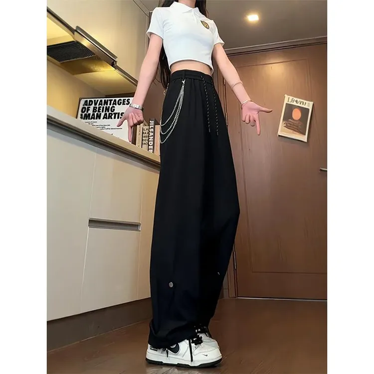 金属链条微喇西裤垂坠感高级感冰丝裤子男款速干弯刀美式运动裤潮