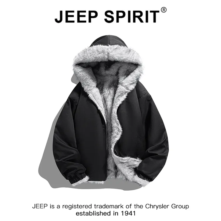 JEEPSPIRIT吉普毛领连帽棉衣男士冬季新款宽松加厚保暖双面穿外套