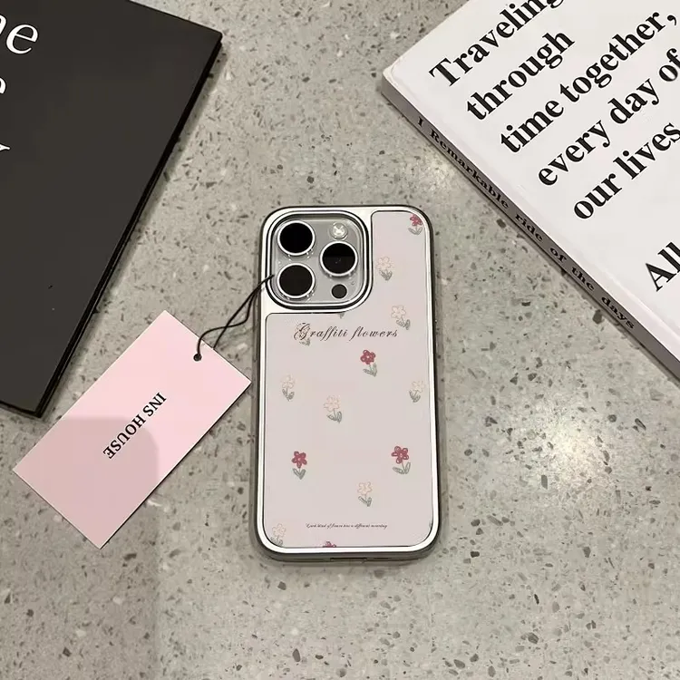 复古色涂鸦花朵适用苹果16promax卡通手机壳iphone15可爱14创意13