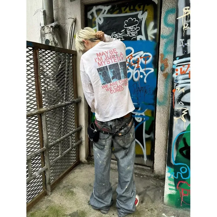 美式高街vibe风裤子男款水洗做旧破洞牛仔裤潮牌宽松直筒阔腿长裤