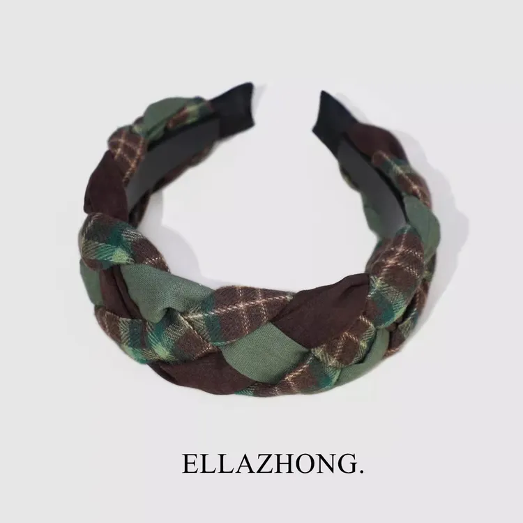 圣诞复古~小众设计文艺发箍头箍绿色森系格子宽发卡带齿度假发饰
