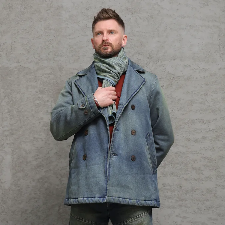 西里布C137坑条复古牛仔双排扣棉服大衣男拔染做旧保暖西服领外套