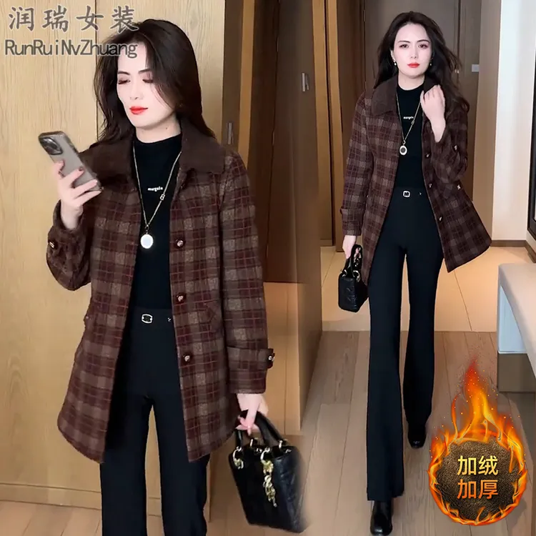 秋冬格子加绒加厚中长款呢子大衣女2025冬季新款翻领休闲毛呢外套