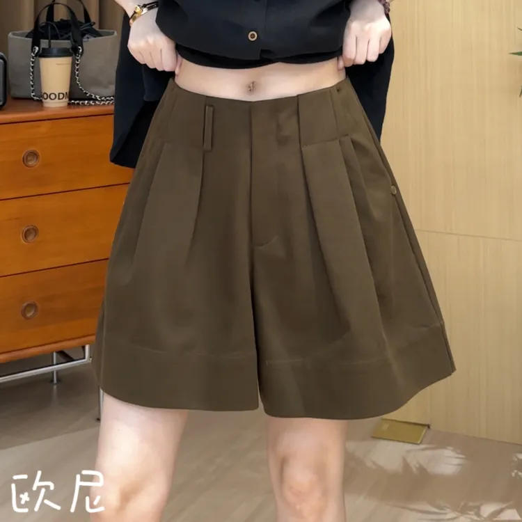欧尼私服 2025夏新款宽松高级感百搭捏褶阔腿短裤2507C4046