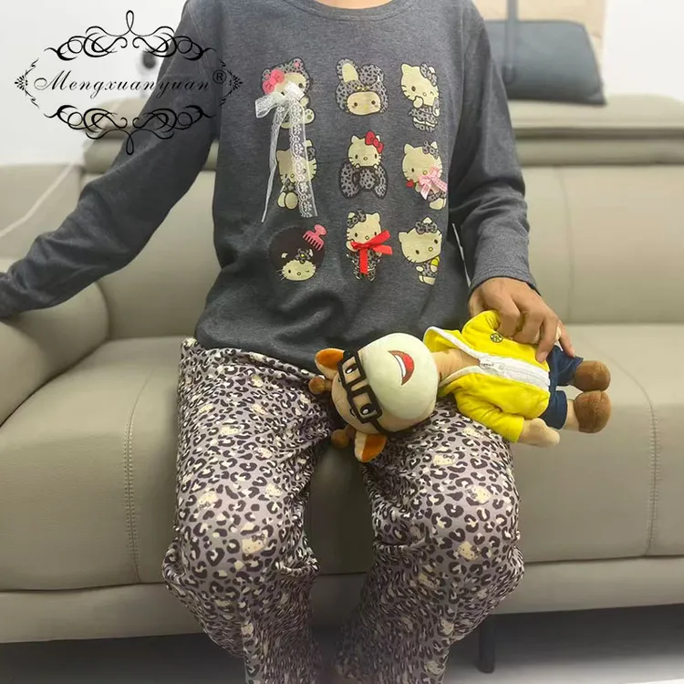 可爱卡通kt猫春秋季韩版睡衣女款长袖套头宽松休闲家居服套装