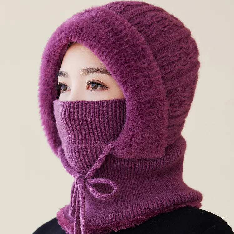 2025新款秋冬季骑车加绒加厚保暖针织毛线套头帽女士围脖帽子一体