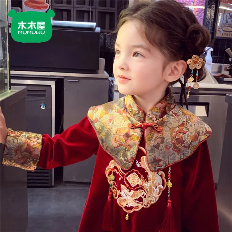木木屋女童连衣裙秋冬新款加绒宝宝国风儿童冬装拜年汉服公主裙子