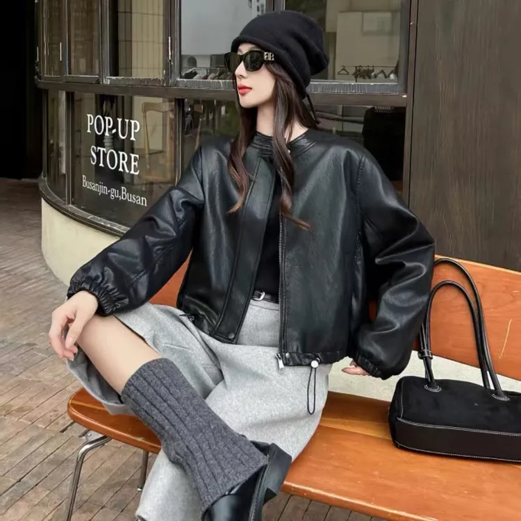 2925 年立领口袋冬季立领抽绳pu皮加绒保暖网红款 59818