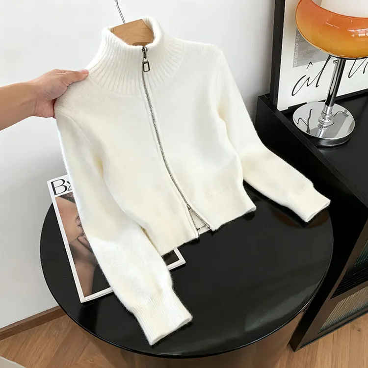 2025新款秋季穿搭立领长袖针织衫女慵懒风时尚拉链开衫上衣外套
