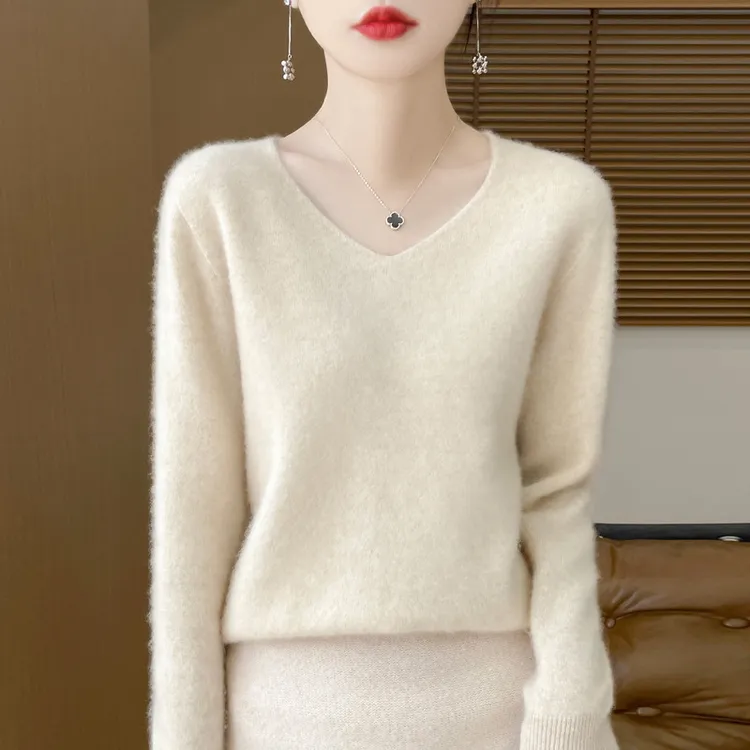 无缝一体100%纯羊毛衫V字领纯色长袖极简设计感新款女士针织毛衣