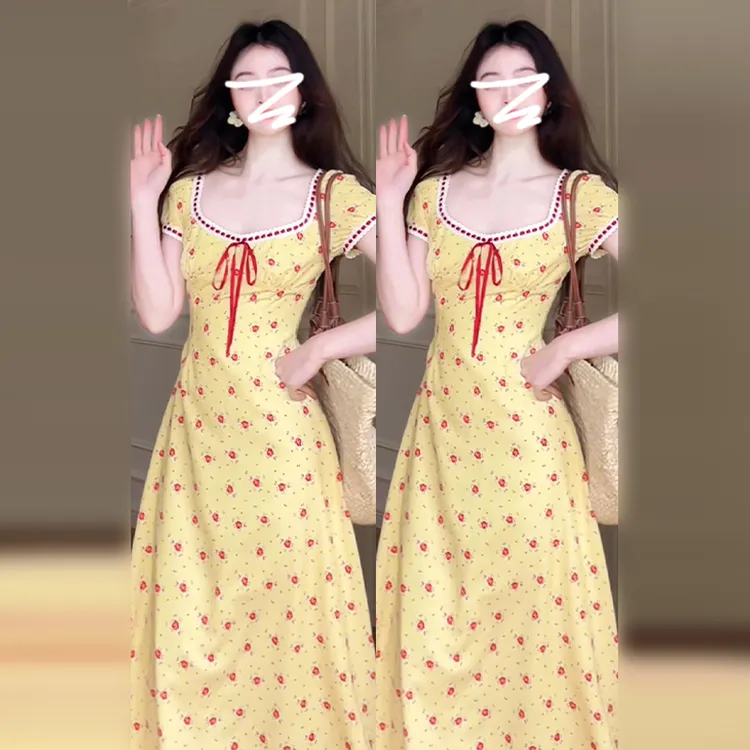 1298多巴胺夏日小裙子黄色碎花连衣裙女夏季穿搭2025新款法式长裙