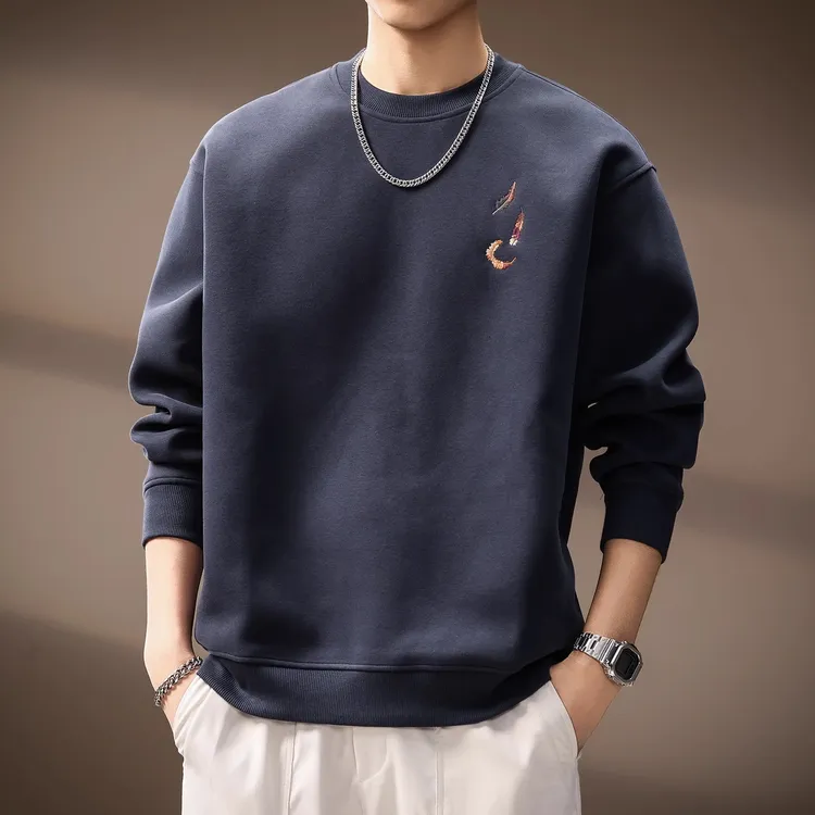 高端美式重磅简约刺绣卫衣男潮流秋季潮流新款休闲宽松打底衫上衣