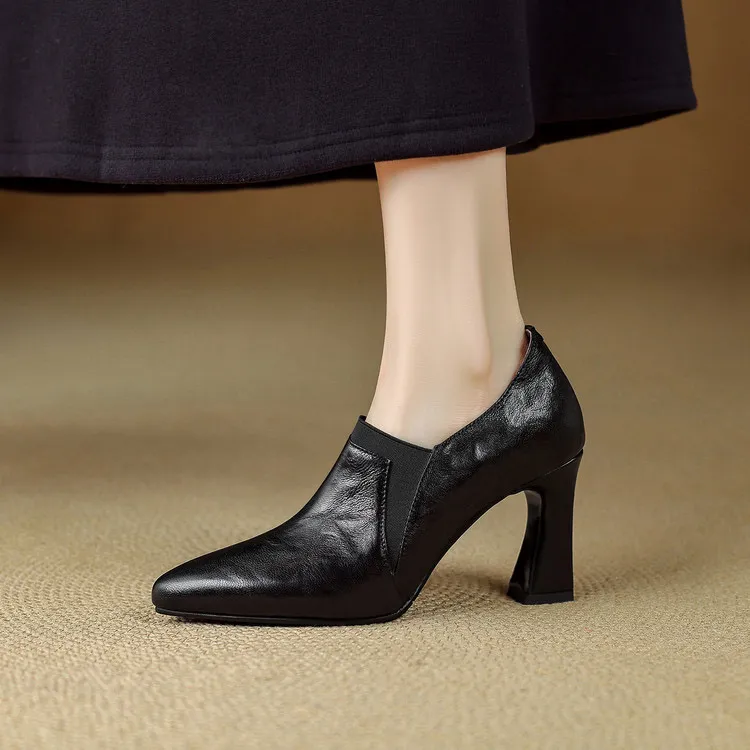 羊皮 跟高8cm 33-40春秋法式复古百搭深口尖头单鞋女真皮气质通勤