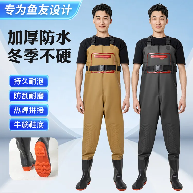 朗固【新款加厚加高】背带下水裤防水防滑雨鞋一体式耐磨耐刮涉水裤