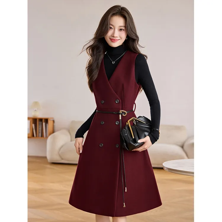 法式气质无袖毛呢背心裙女2025秋冬新款系带收腰显瘦中长款连衣裙