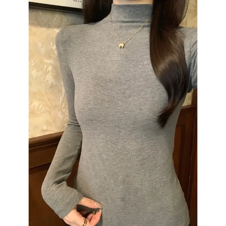 十二针秋冬新款韩系气质半高领长袖T恤女修身显瘦简约百搭打底衫