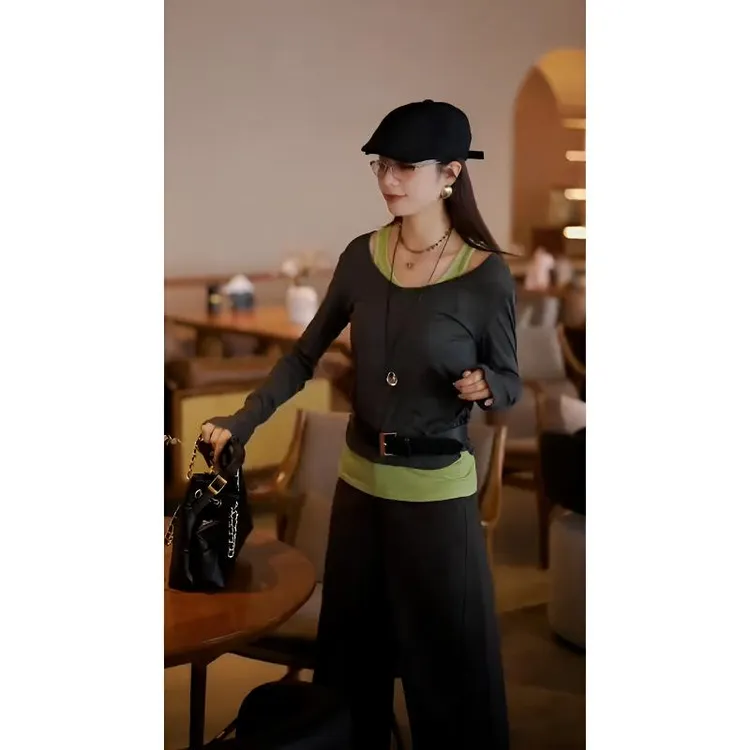 2025秋季新款设计感时尚百搭假两件上衣女九分休闲阔腿裤两件套装