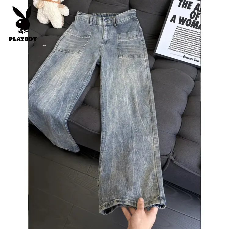 花花公子冰蓝色闪电纹牛仔裤潮牌男夏季美式复古水洗裤子高街宽松