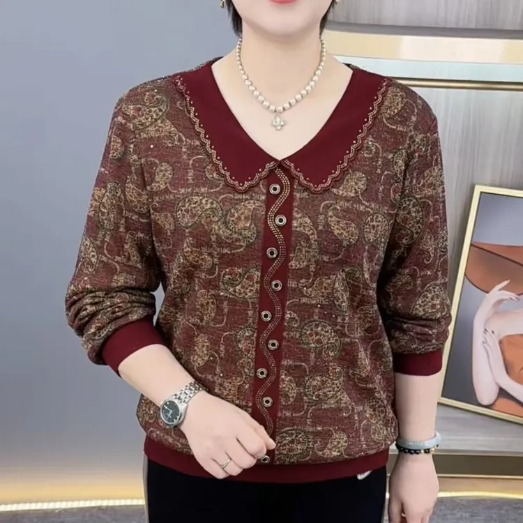 秋冬新款时尚娃娃领加绒加厚洋气妈妈装显瘦休闲长袖上衣H9879