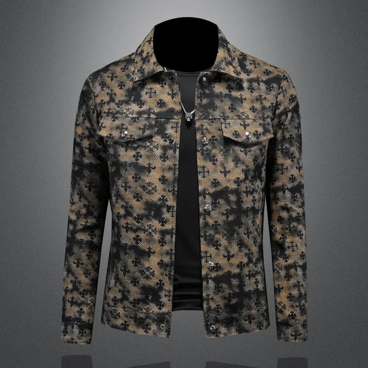 施摩瓦戈翻领提花夹克外套男装春秋季休闲花色时尚潮流修身男上衣
