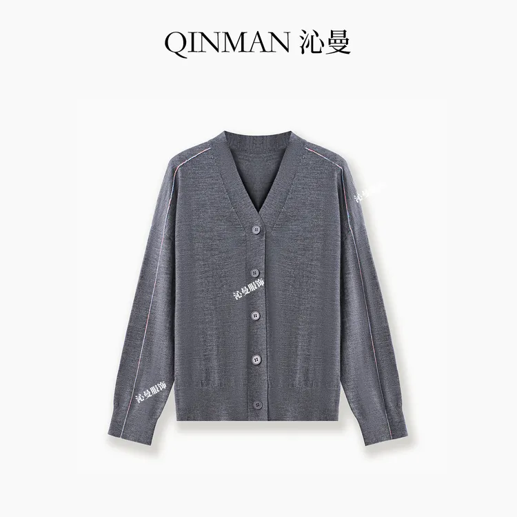 沁曼88212 100%可机洗精纺羊毛宽松长袖开衫针织衫女春季新款