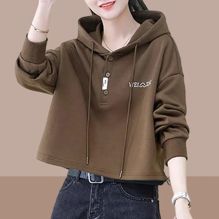 韩版短款高腰连帽卫衣女2025年春秋季新款休闲宽松减龄连帽上衣潮