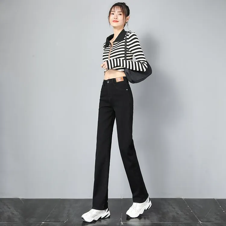 杜拉妮2025秋季直筒牛仔裤女装高腰阔腿弹力小个子九分窄版烟管裤