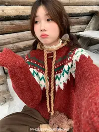 PPHOME自制~费尔岛圣诞节 复古撞色节日氛围牛角扣毛衣开衫外套女