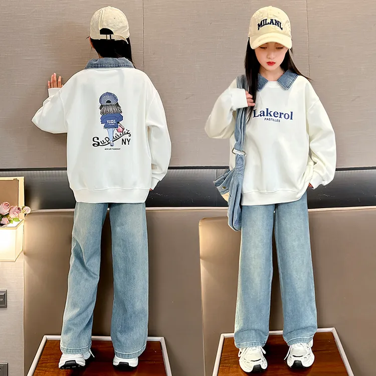 女童卫衣牛仔套装2025春季6-15岁中大童洋气休闲运动阔腿儿童宽松