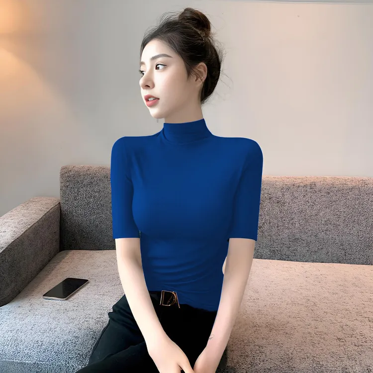 半高领五分袖打底衫女春秋内搭洋气蓝色上衣洋气修身中领针织毛衣