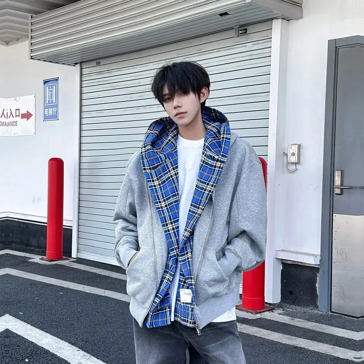 双层假两件连帽卫衣外套男女秋季叠穿宽松情侣款上衣开衫
