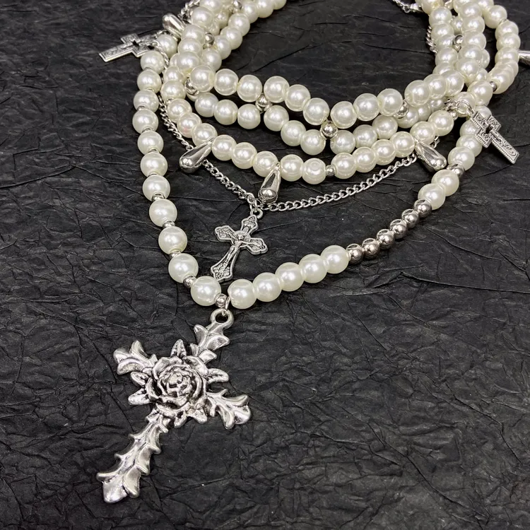 合金项链 十字架珍珠项链饰品多层叠戴