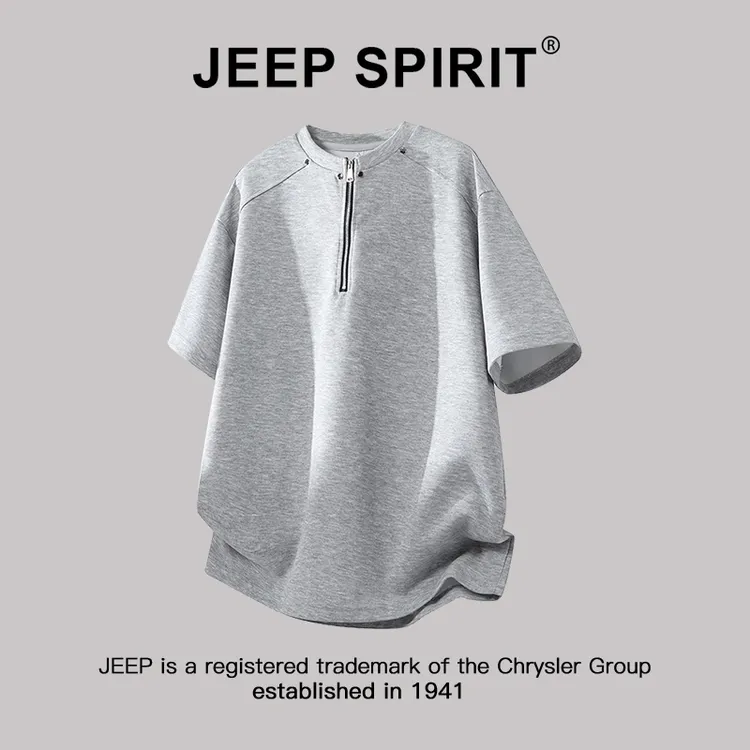 Jeep吉普高级感半拉链正肩t恤男夏季宽松设计感cleanfit重磅短袖