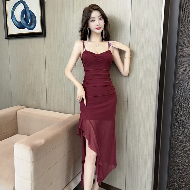 辣妹网纱性感长裙吊带开叉包臀气质名媛收腰晚礼服夜场佳丽工作服