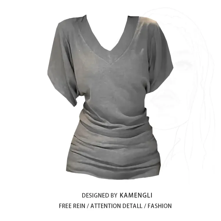 大码微胖mm蝙蝠袖V领短袖T恤女夏季百搭宽松显瘦设计感纯色上衣9