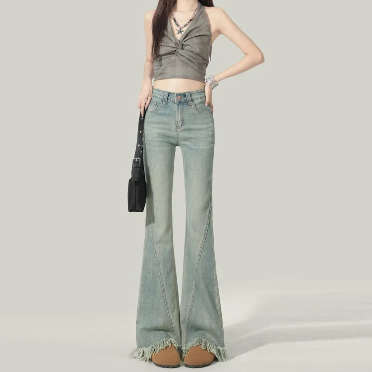 复古高腰微喇牛仔裤女2025春季新款高腰显瘦设计感拼接毛边喇叭裤