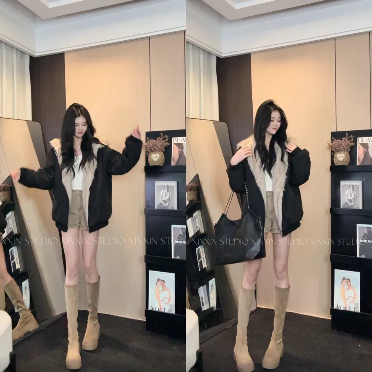 【XINXIN专属】冬季外套加厚两穿毛领连帽开衫卫衣韩系百搭保暖棉服外套 AM25685