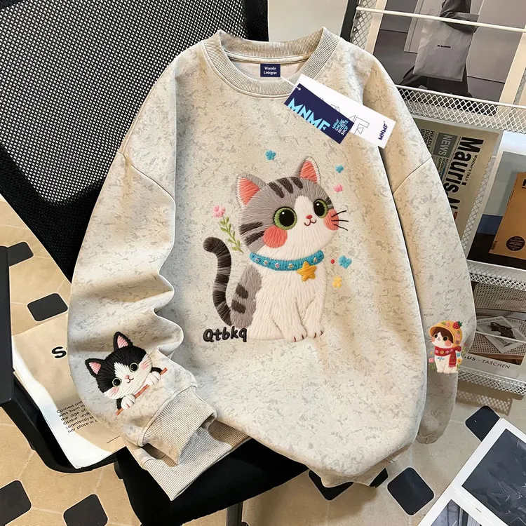 秋冬季新款可爱猫咪2025女童扎染圆领卫衣洋气初中生加绒宽松衣服