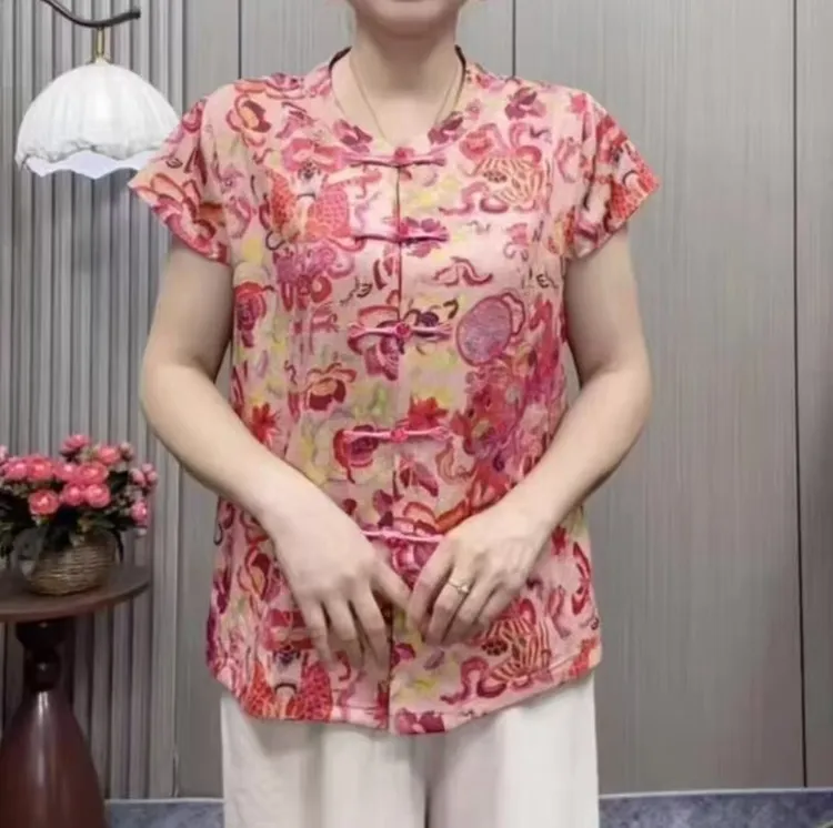 圆领时尚碎花洋气民族风显瘦薄款中老年女装盘扣小衫3310