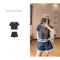 【PGXIAOM】润秀定制深蓝色圆领牛仔小上衣+短裤两件套套装TZ10083