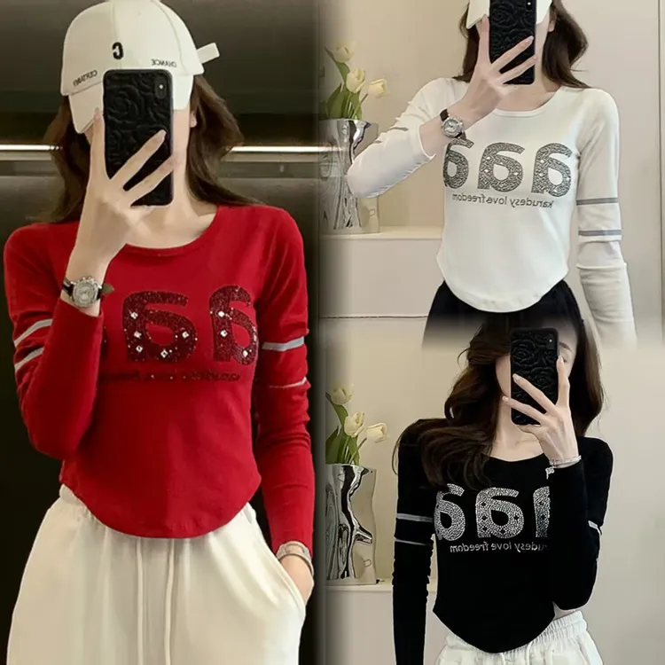 秋季新款美式洋气烫钻长袖T恤女韩版修身显瘦短款上衣休闲打底衫