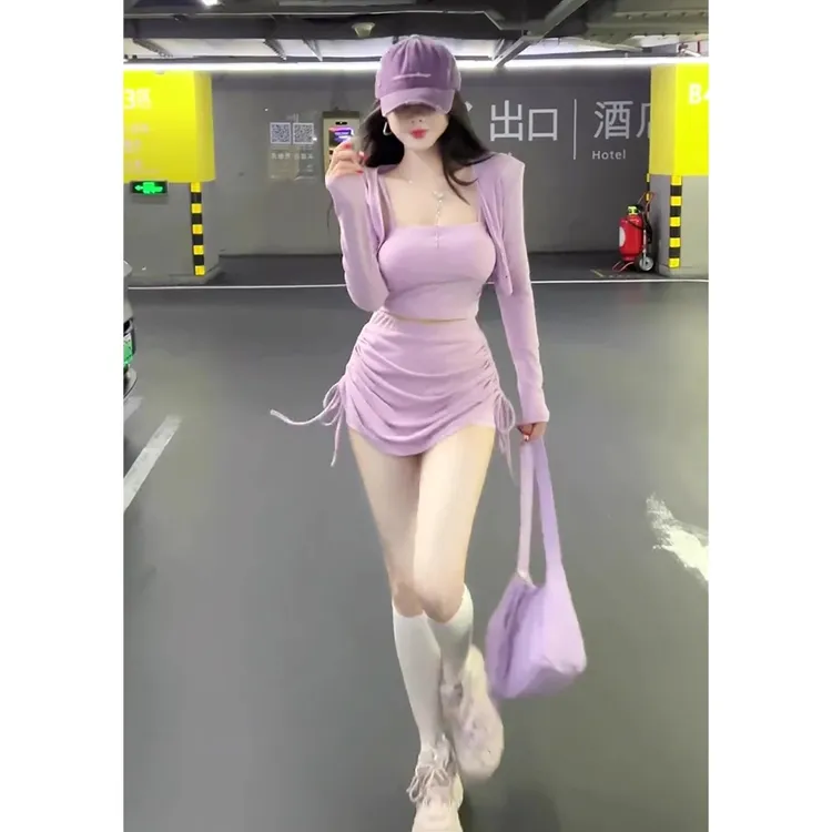 辣妹气质套装女2025春季新款设计感韩版薄款长袖披肩背心包臀短裙