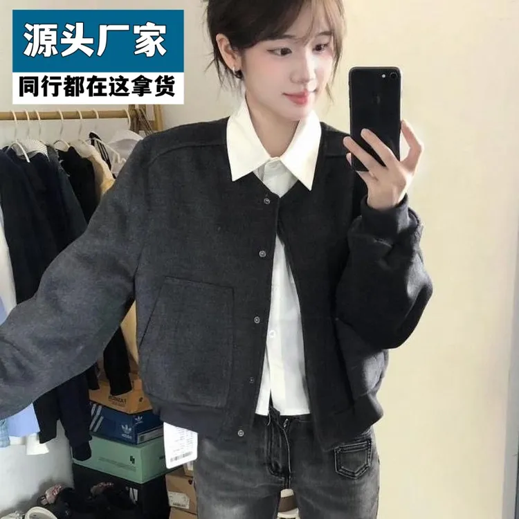 梵乐芬短款灰色棒球服女美式复古外套2025新款夹克高级休闲设计宽