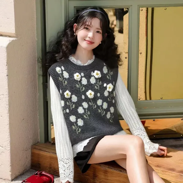 粗花呢小香马甲女秋冬立体花朵韩系宽松叠穿外搭显瘦百搭针织背心