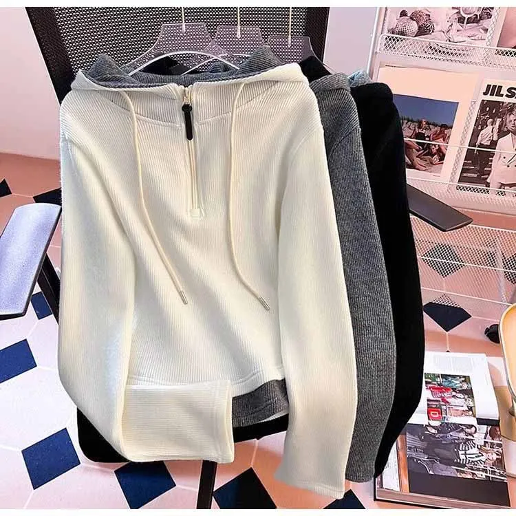 大码韩版假两件连帽正肩半拉链拼接减龄卫衣春季长袖t恤女上衣潮