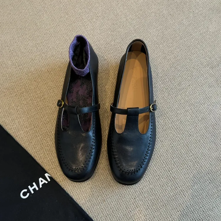 羊皮版~简约复古软皮舒适平底玛丽珍乐福鞋女百搭一脚蹬圆头单鞋