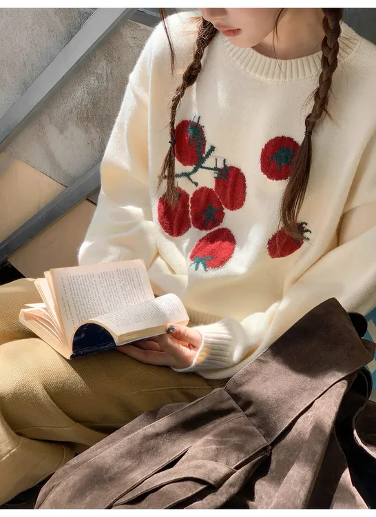 番茄提花圆领针织毛衣女秋季韩系宽松显瘦慵懒上衣
