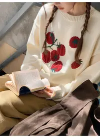 番茄提花圆领针织毛衣女秋季韩系宽松显瘦慵懒上衣